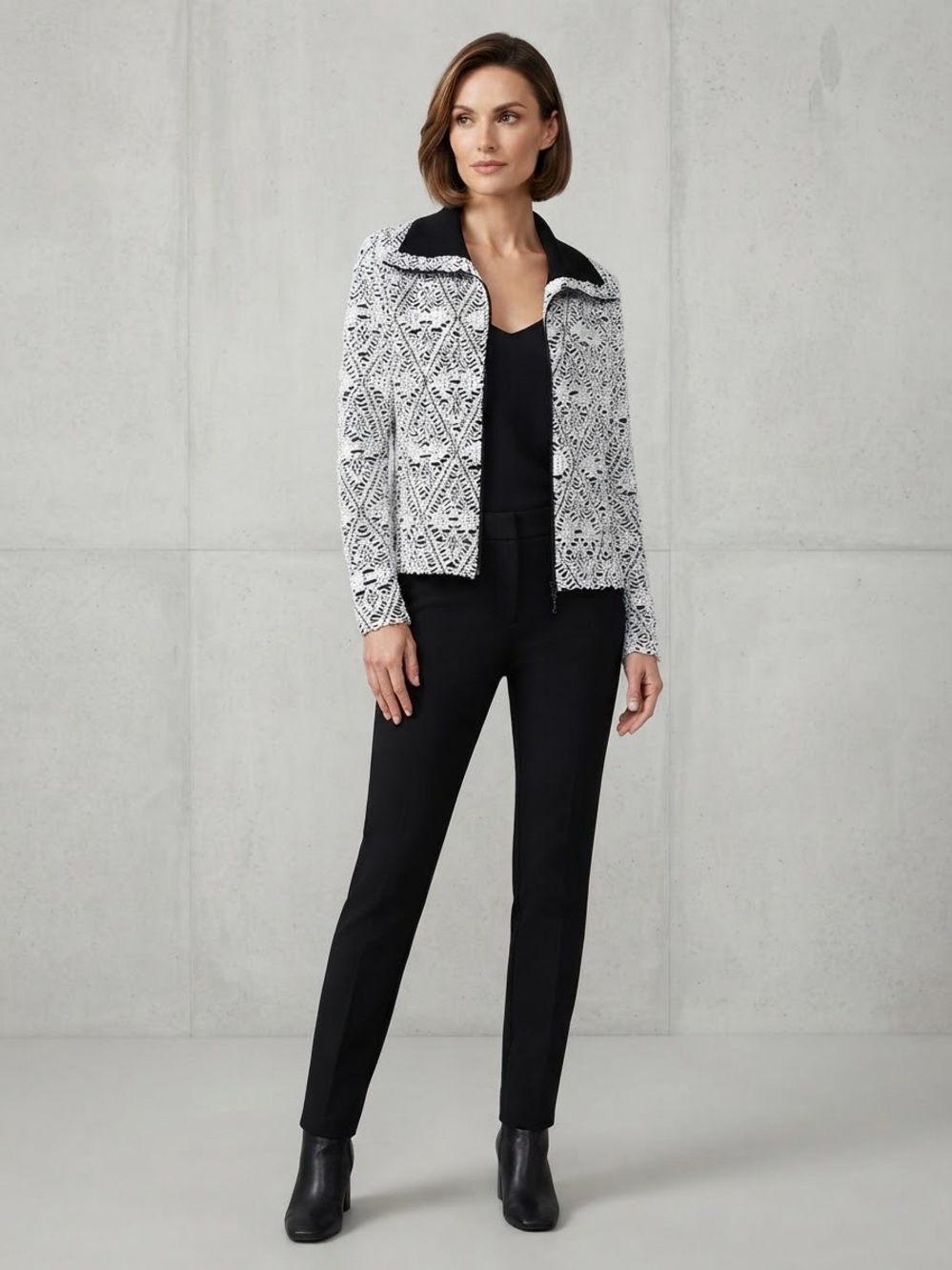 Joseph Ribkoff Vintage Black and White Textured Mesh Zip Jacket